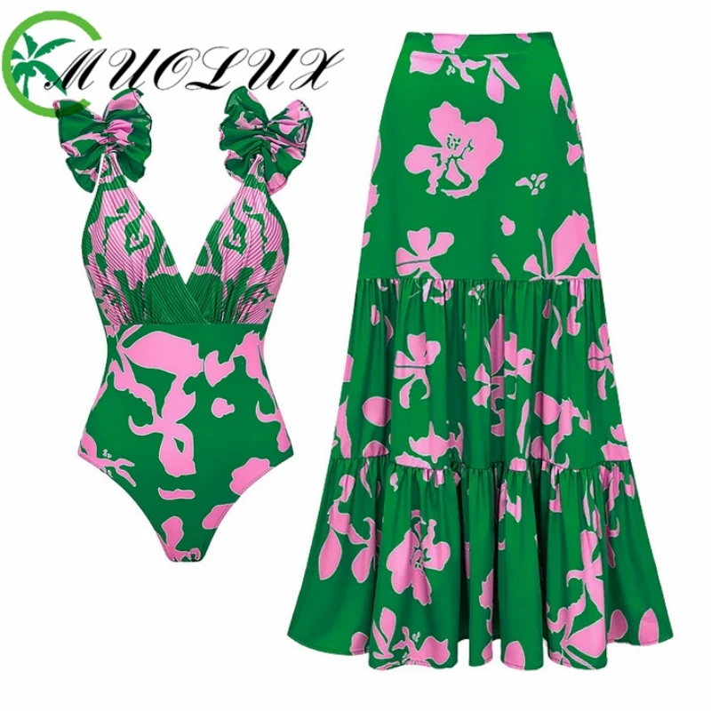 

MUOLUX 2024 Women's Swimsuit New Printed Vacation One-piece Swimwear Umbrella Skirt Set Sexy Floral Bikini Long Skirt Two-piece