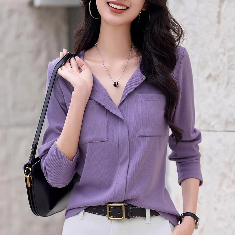 

New Women Turn-down Collar T-shirt Spring Autumn Fashion Solid Color Long Sleeve Slim Basic Tees Casual Elegant Female T-shirt