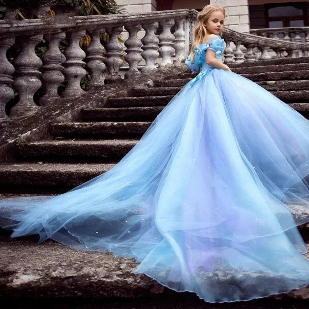 Customized Sky Blue Flower Girl Dresses For Wedding Tulle Floor Length Elegant Princess Bridesmaid First Communion Banquet Gown