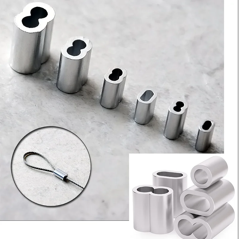 アルミ製M0.5-M20ケーシングワイヤーロープフェルールケーブルタイ、アルミ製圧着スリーブ、楕円/二穴/丸型クリップワイヤーロープクランプワッシャー