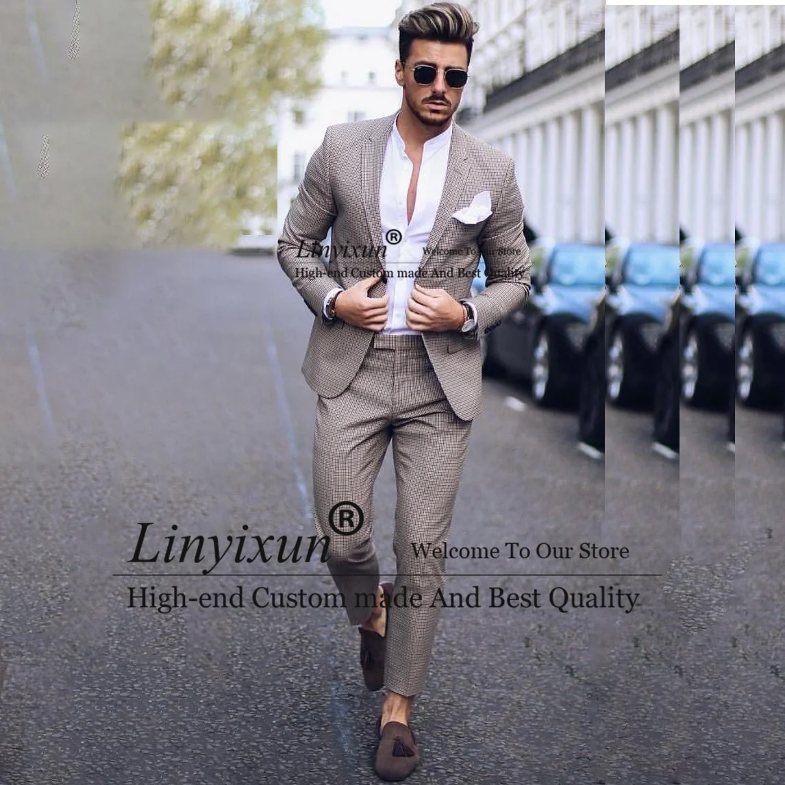 

Fashion Plaid Men Suits Shawl Lapel Groom Wedding Tuxedos 2 Pieces Sets Male Prom Blazers Pants Outfit Terno Masculino