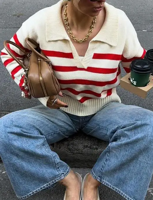 سترة محبوكة مخططة بتصميم جديد لخريف 2025 للنساء، سترة محبوكة عصرية، كاجوال، بسيطة، بأكمام قصيرة #5