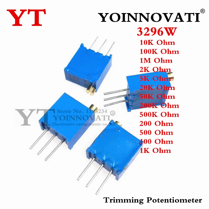 10PCS 3296W 3296 50 100 200 500 ohm 1K 2K 5K 10K 20K 50K 100K 200K 500K 1M ohm 103 100R 200R 500R Trimpot Trimmer Potentiometer