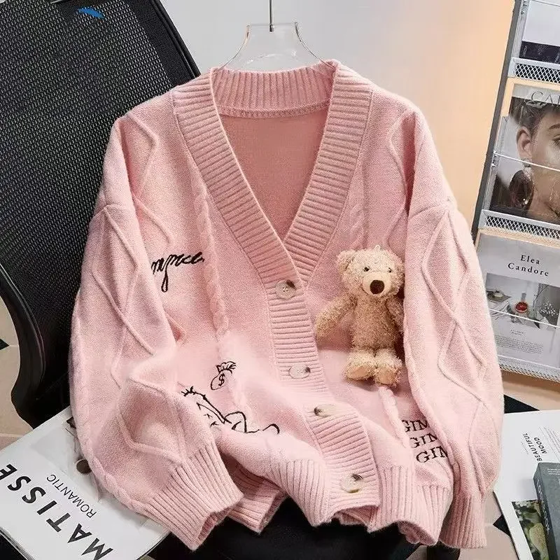 

Letter embroidered three-dimensional bear sweater women's autumn and winter plus size new loose fashion knit cardigan