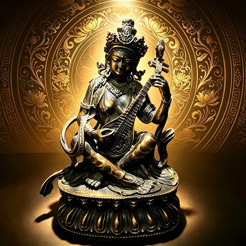 Antiqued Saraswati Statue Tibetan Buddhism Goddess of Wisdom Music Figurine, Sitting Lotus Altar Ornament for Home Worship