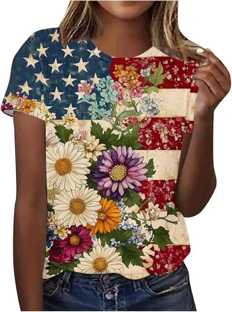 Camiseta Feminina 3D Estampada 250º Aniversário Americano - Blusa Estampada 250º Aniversário dos Estados Unidos - Camisetas Curtas de Verão
