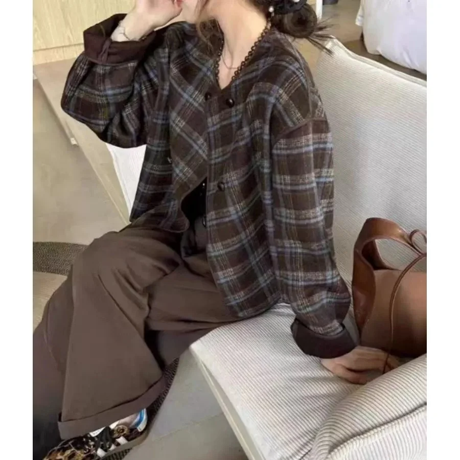 التخسيس منقوشة ort معطف فضفاض الجولة Ne الصوفية الرجعية تنوعا المرأة الخريف Faion جديد Sle تخفيف أنبوب مستقيم pe