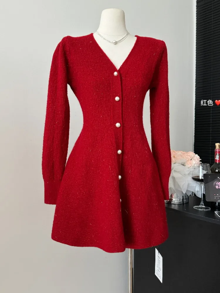 New Women\'s Knitted Elegant Mini Dress Autumn Long Sleeve Korean Single Breasted Fashion Office Lady Vintage Bright Silk Dresses