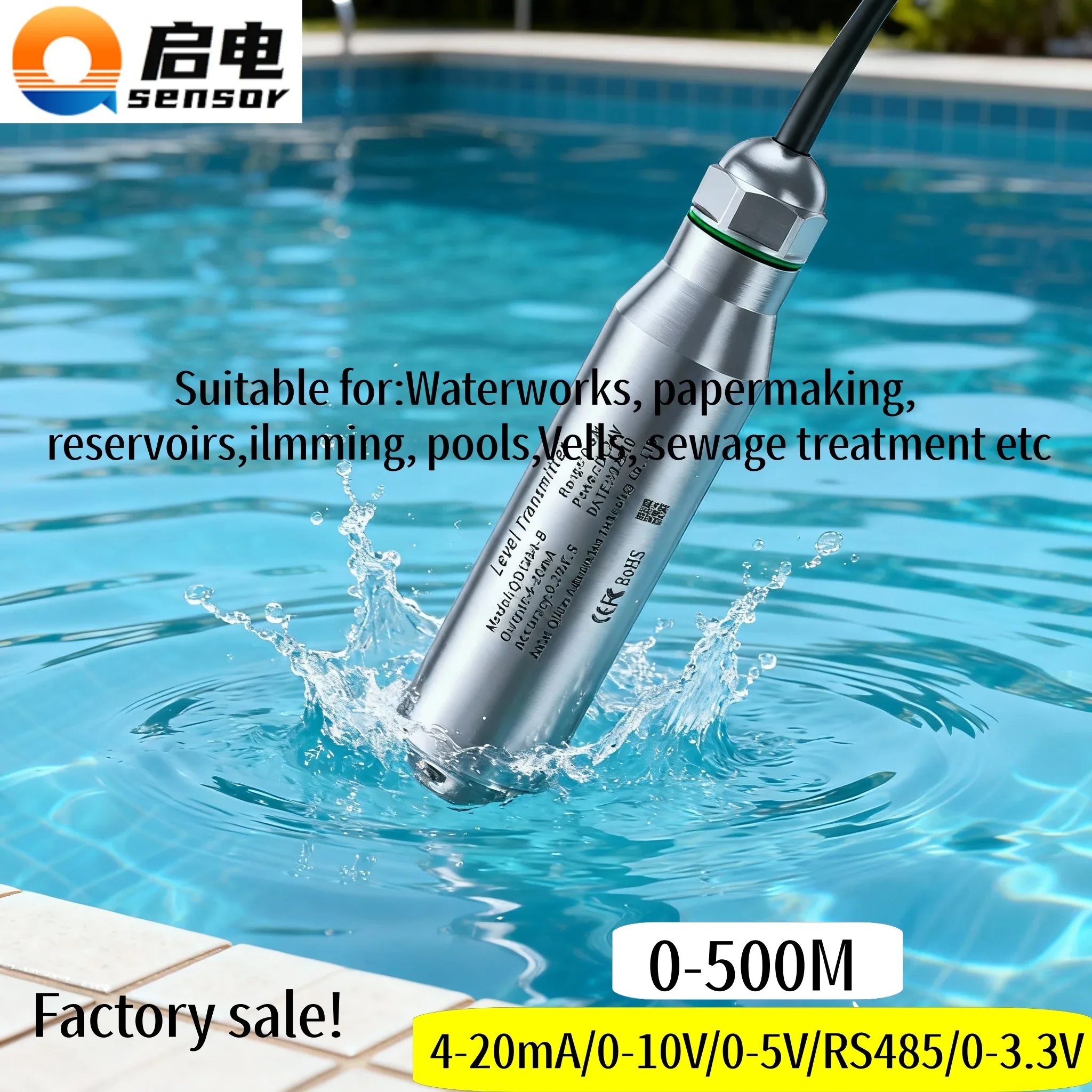 

5m 10m 15m 20m 50m 80m 100m Hydrostatic water level sensor 4-20mA Transmitter 0-10V RS485 5m 20m 50m 100m 300m cable Range