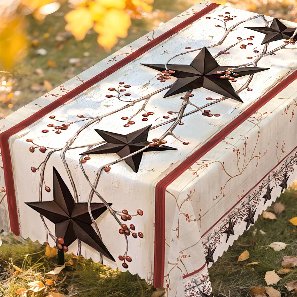 Autumn, wood grain, western tablecloth, white and red decorations, stars and berries, retro style, round shape.zyc