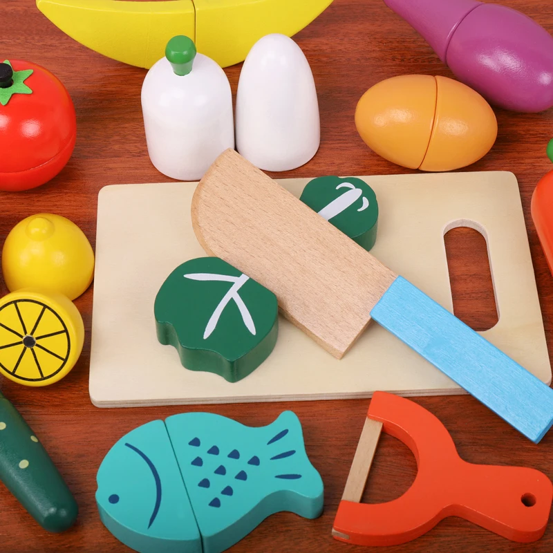 Wooden Fruit Vegetable Cutting Playset Magnetic Slicing Toy Bucket Kids Early Education Kitchen Game view 4