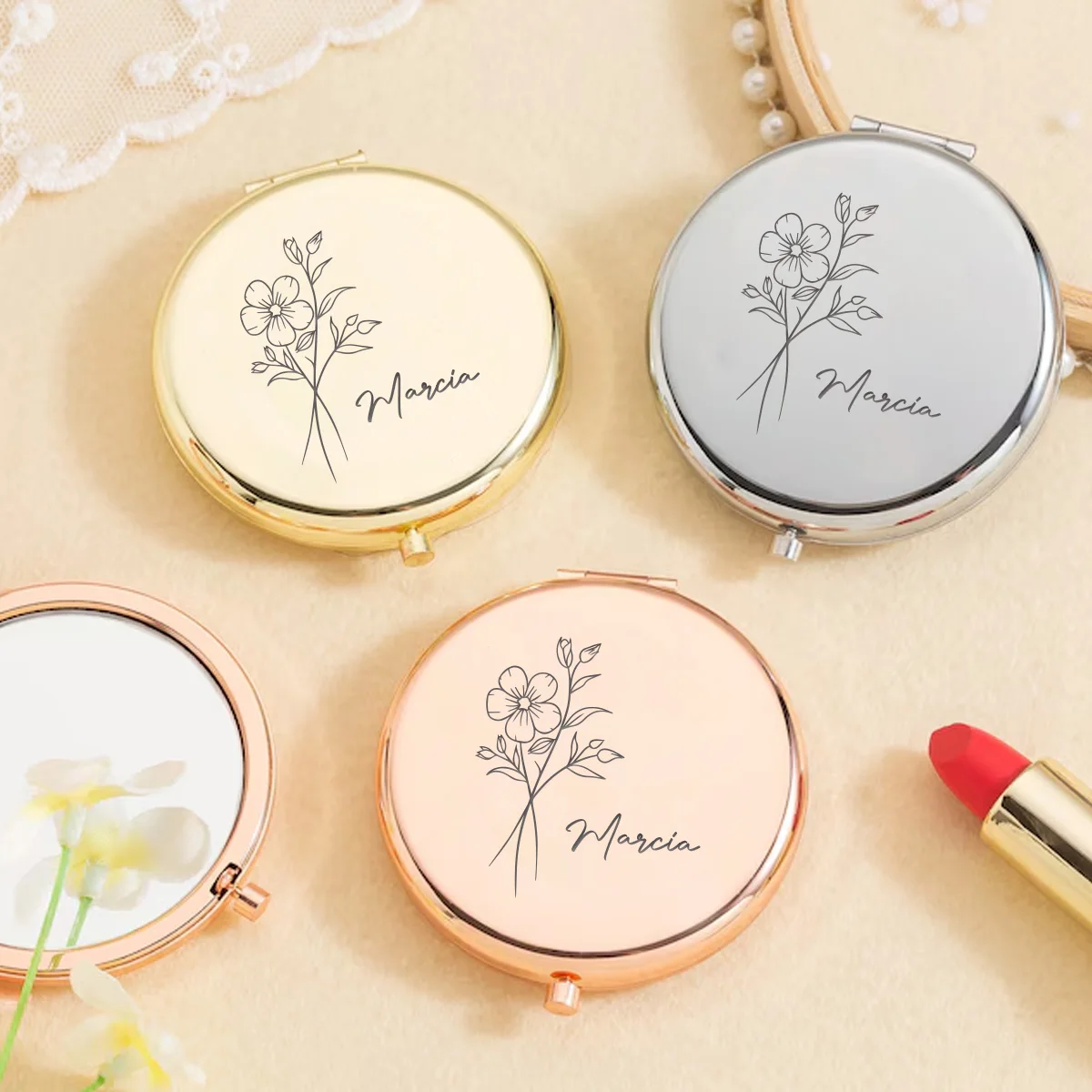 1pc Cartoon Flower Customized Name Mirror With Name Makeup Mirror Folding Mirror Bridesmaid Gifts - view 3