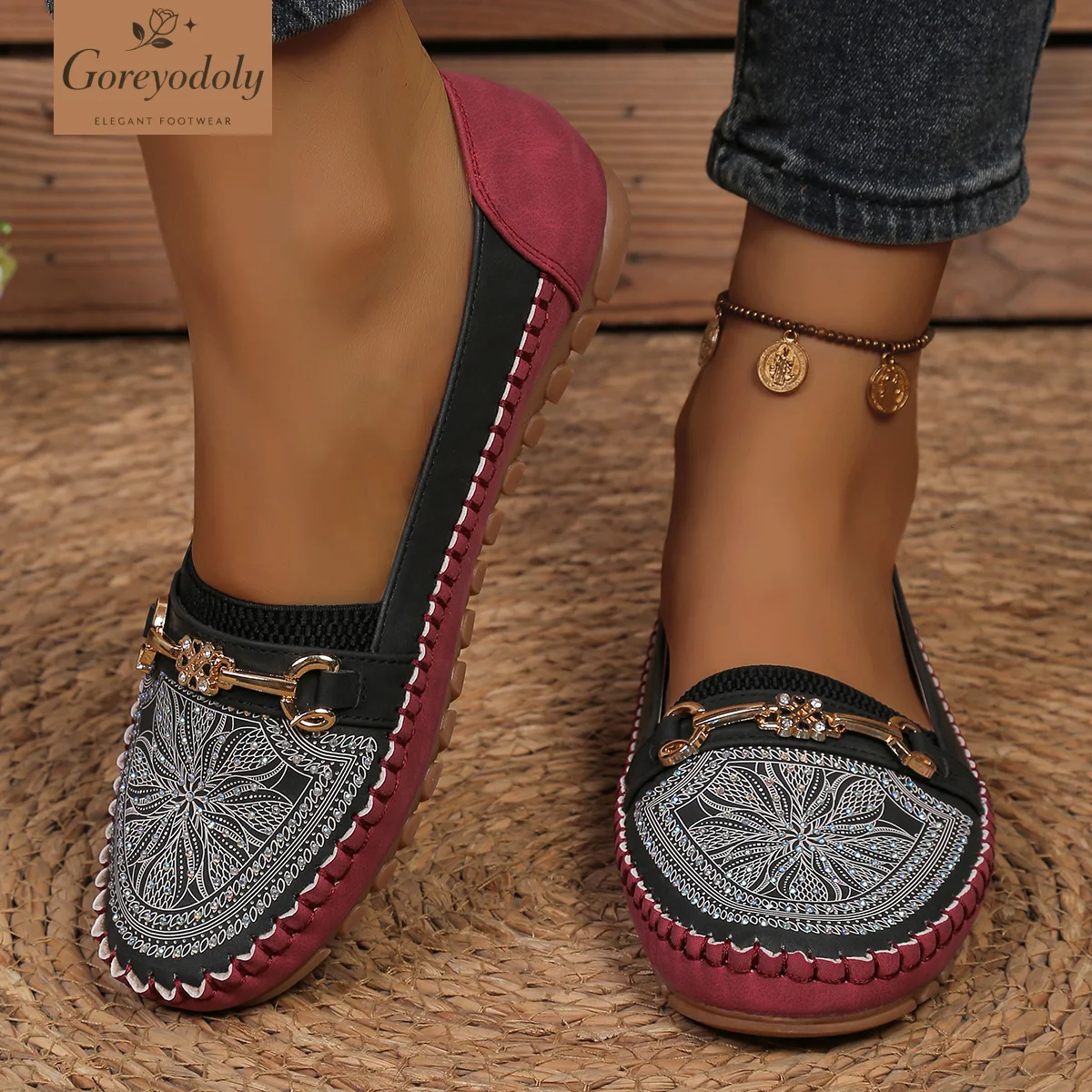 goreyodoly Women Slip On Loafers Wide Fit Comfortable Flats Lightweight Breathable Colorblock Shoes with Rhinestone Chain Detail