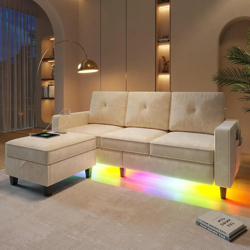 

LED Sectional Sofa with Charging Station, Sectional Couches with LED Lights for Living Room, 6 Seats Convertible Sofa