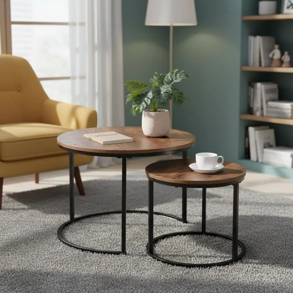 

Tiered Beverage Stand Pair 23.6 Inch Circle Surface Small Apartment Layout Living Room Bedroom Office Furniture Metal Base Vi