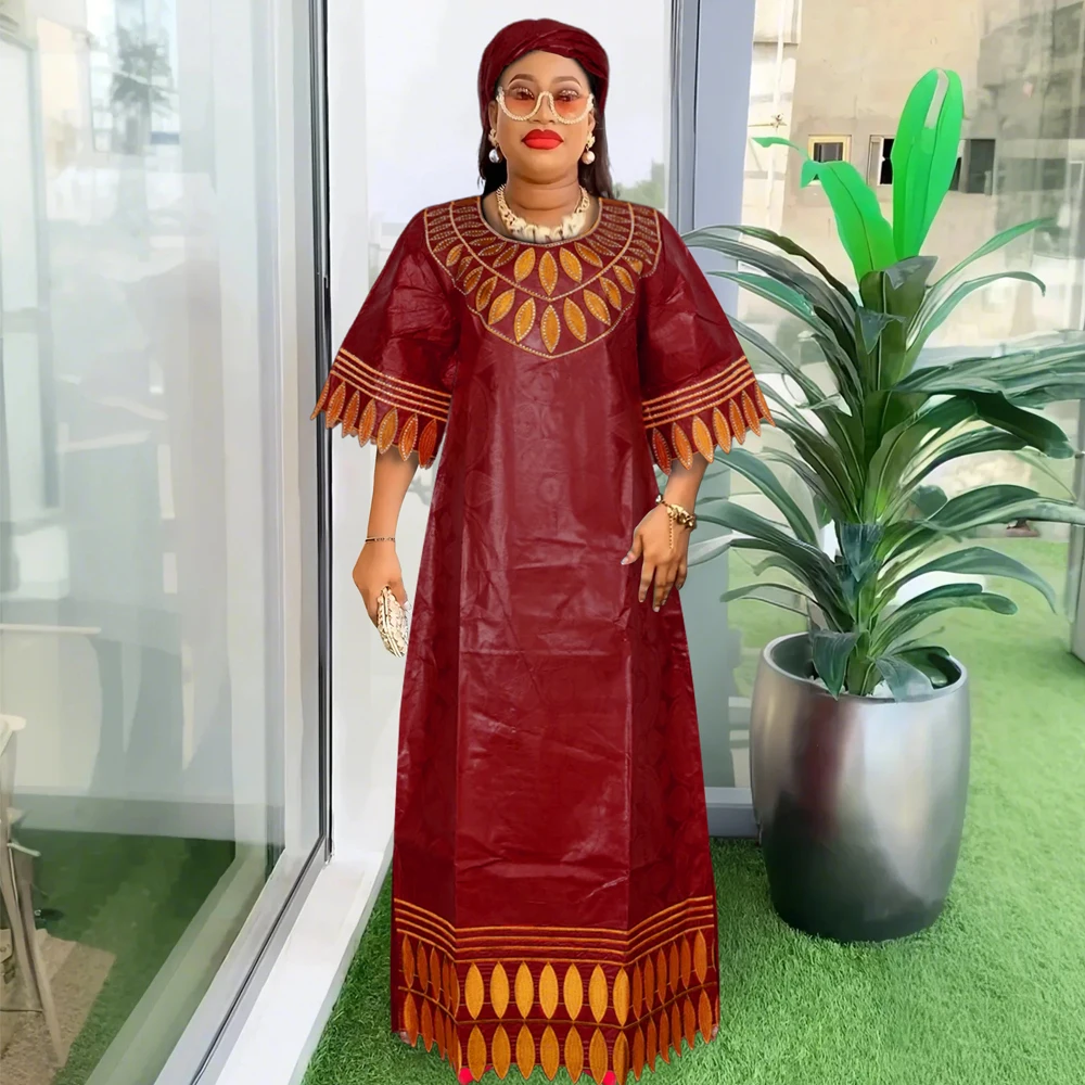 H&D New African Dresses For Women Embroidery Bazin Floral Boho Dresses Ankara Rich Long Robes Nigeria Party Wedding Ramadan