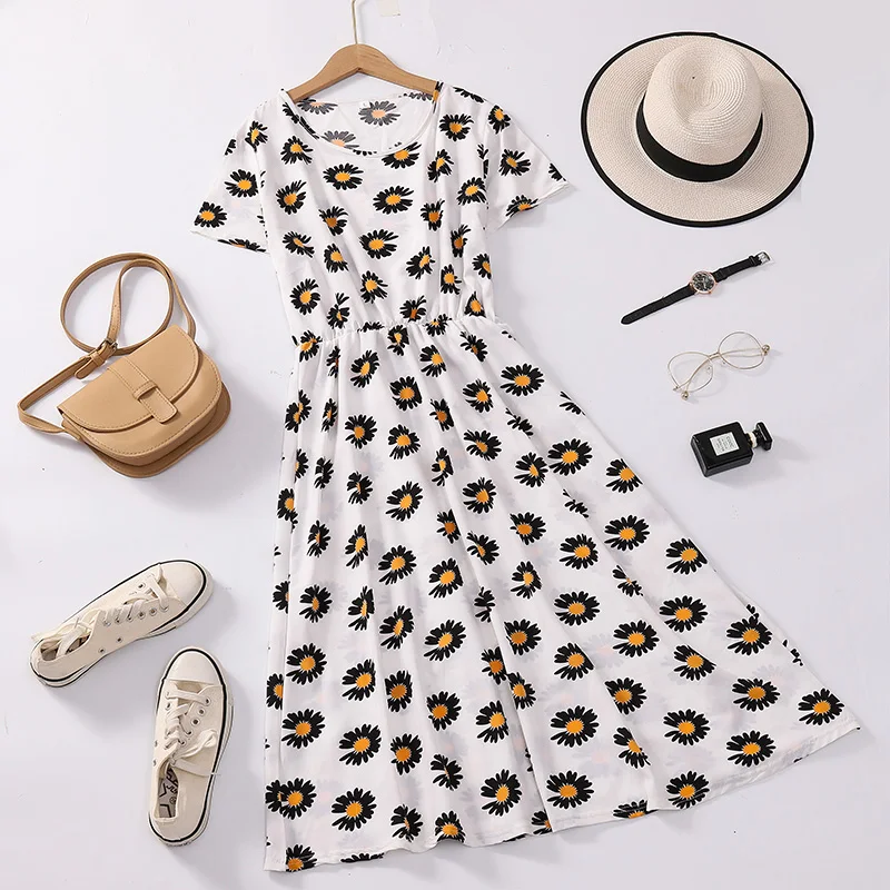 

Floral Print Short Sleeve Midi Dress Slimming Waist Design for Mom Summer New Style Large Size Women's Clothing Casual Style