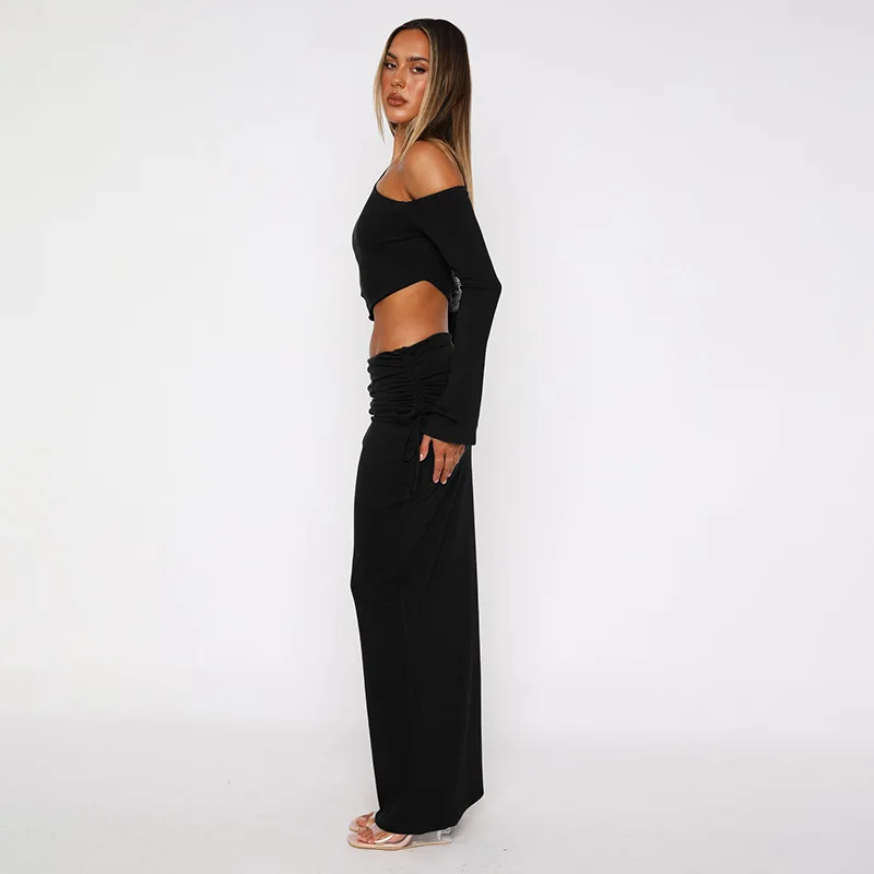 Ensemble jupe 2 pièces Sexy pour femmes, épaules dénudées, manches longues, haut court et jupe Maxi, tenues de Festival en boîte de nuit