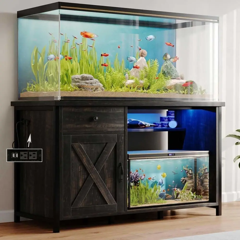 Oak Heavy-Duty 55-75 Gallon Aquarium Stand with LED Light, Power Outlets, Storage Cabinet for 1100 lbs