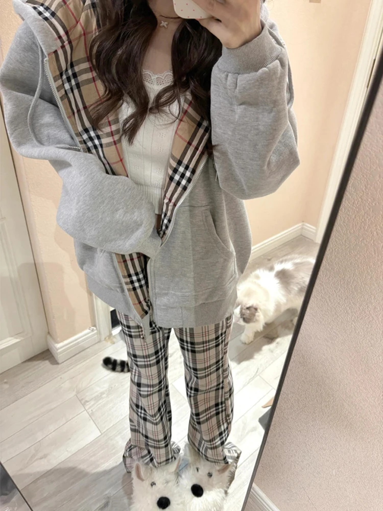 Light Grey Outwear plaid Sweatshirt Women Hooded Cardigan American Fashion Hip Hop Leisure Loose Winter Long Sleeves Coat Tops