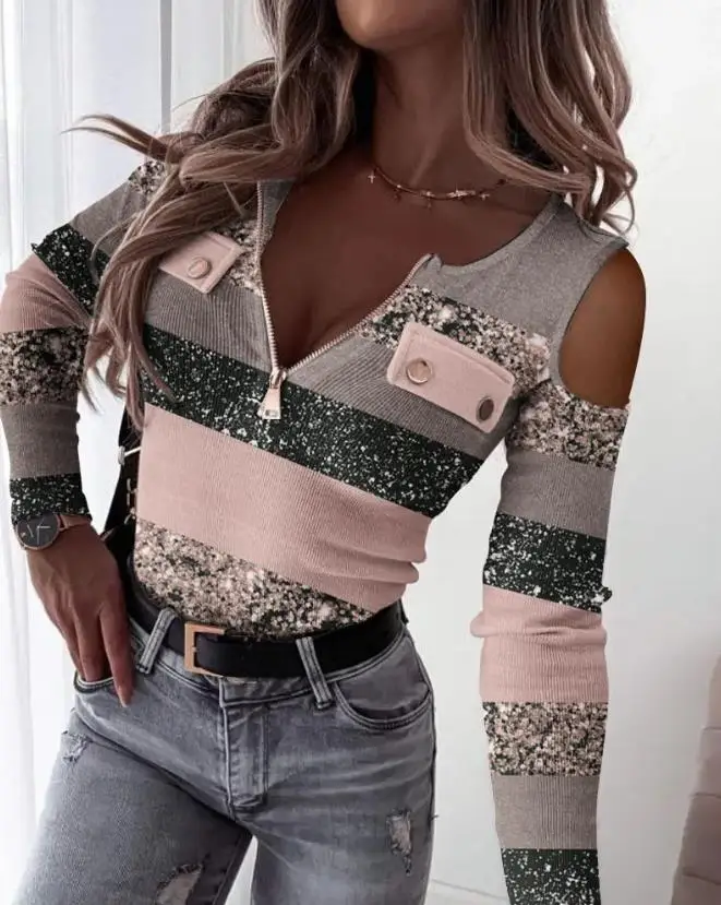 

Color Blocked Striped Printed Pattern with Cold Shoulder Zipper Design Ribbed Long Sleeved Slim Fit Versatile Casual Fashion Top
