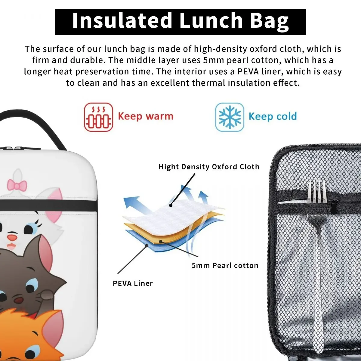 The Aristocats Marie Cat Insulated Lunch Bag Leakproof Meal Container Cooler Bag Lunch Box Tote College Outdoor Bento Pouch