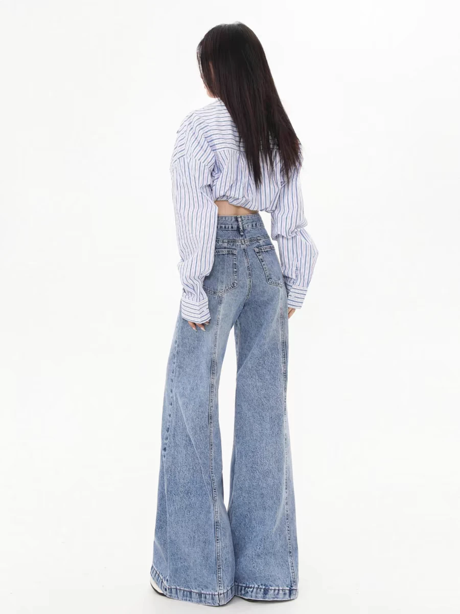 CHIC-Jean Denim Taille Haute pour Femme, Pantalon Long Évasé, Rétro, Bleu Délavé, Automne, Hiver, Harajuk