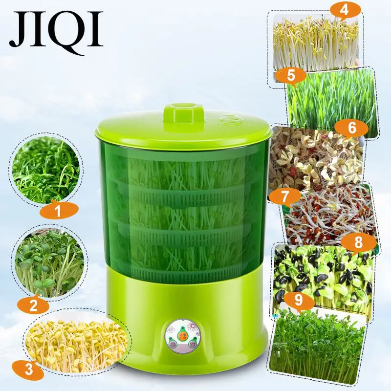 JIQI Intelligent Bean Sprouts Maker 2/3 Layer Automatic Electric Germinator Thermostat Green Vegetable Seed Growth Bucket 220V