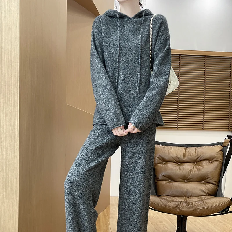 DjzDsm Fall/Winter2024 New 100% Merino Wool Women\'s Hooded Suit Women\'s Loose Knit Wool Straight-Leg Trouser Suit