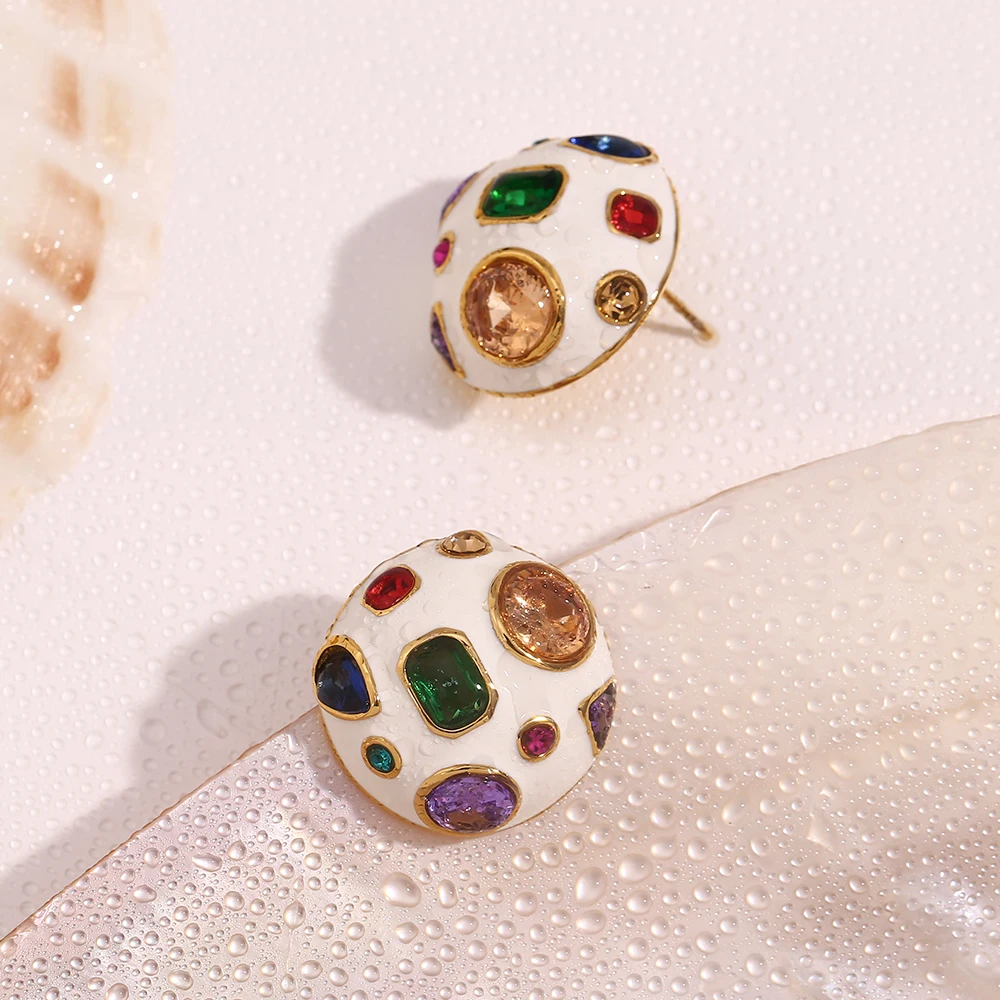 MamacitaSlay New Trendy Stainless Steel Multicolored Zircon Round Earrings Design Statement Waterproof Jewelry Minimalist Gift
