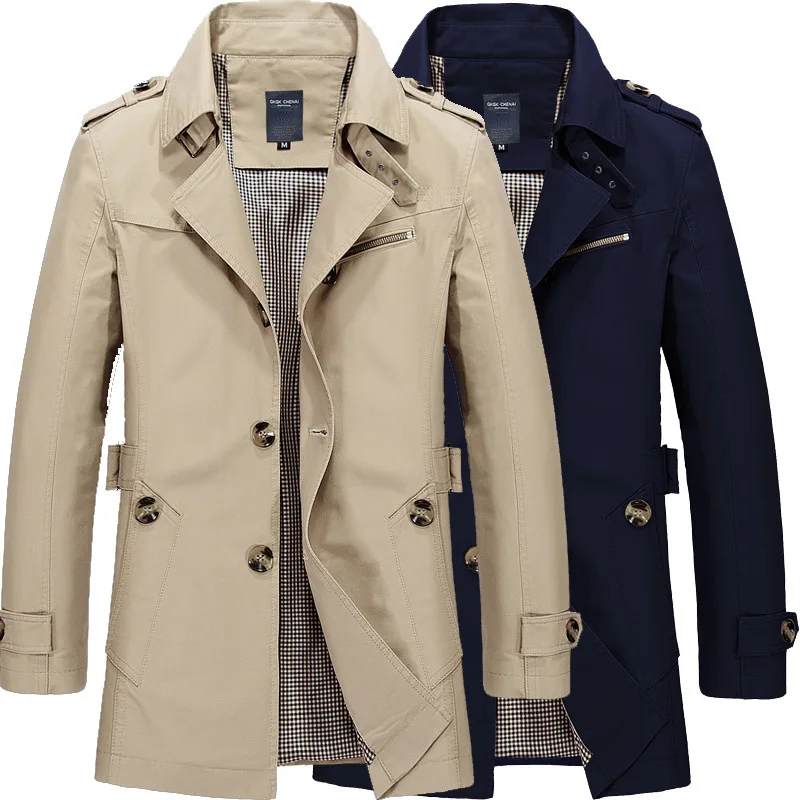 Solid Cotton Mid-Long Jacket Men's Plus Size Casual Outerwear