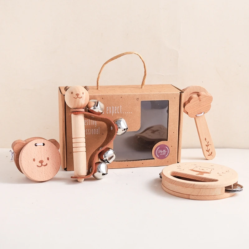 Wooden Musical Instrument Cartoon Bear Rain Drum, Castane,Rattle, Thumb Fiddle Baby Music Educational Toy Set Gift For Newborns