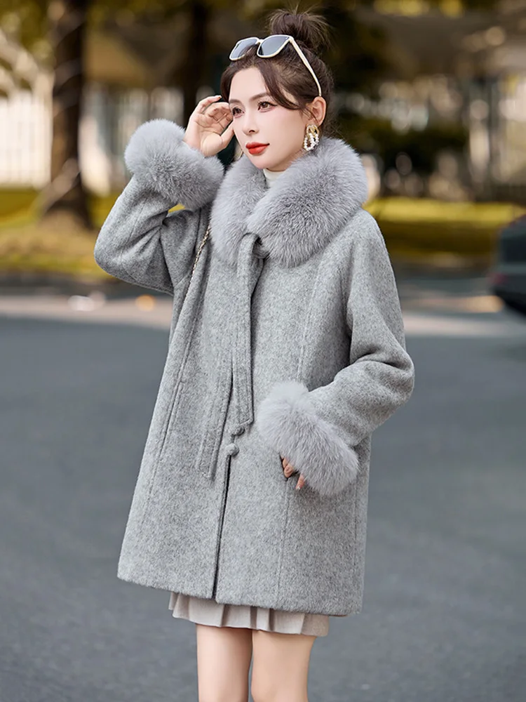 New Women Autumn Winter Down Liner Woolen Coat Fashion O-Neck Long Sleeve Wide-waisted Wool Blended Coat Casual Loose Thick Coat