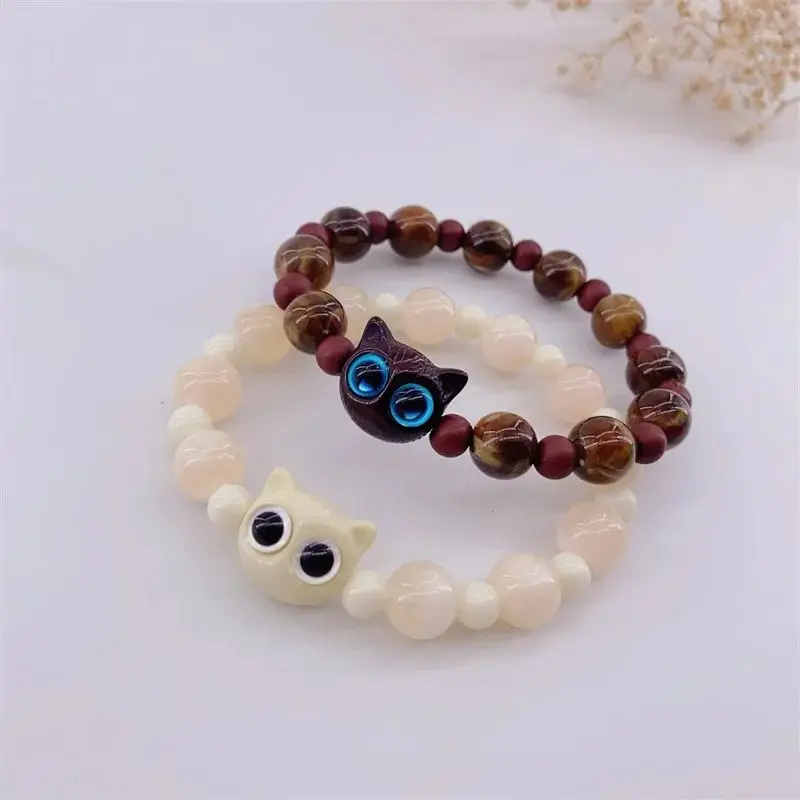 2PCS Cute Big Eye Cat Beaded Couple Bracelet for Women Men Fashion Funny Cartoon Animal Elastic Bracelet Valentine's Jewelry