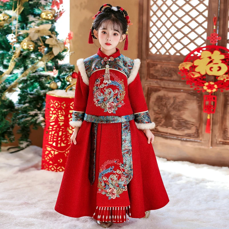 Girls Winter New Thick Qipao Hanfu Fairy Princess Kids Dress Performance Embroidery Greeting Vestido Chinese New Year Clothing