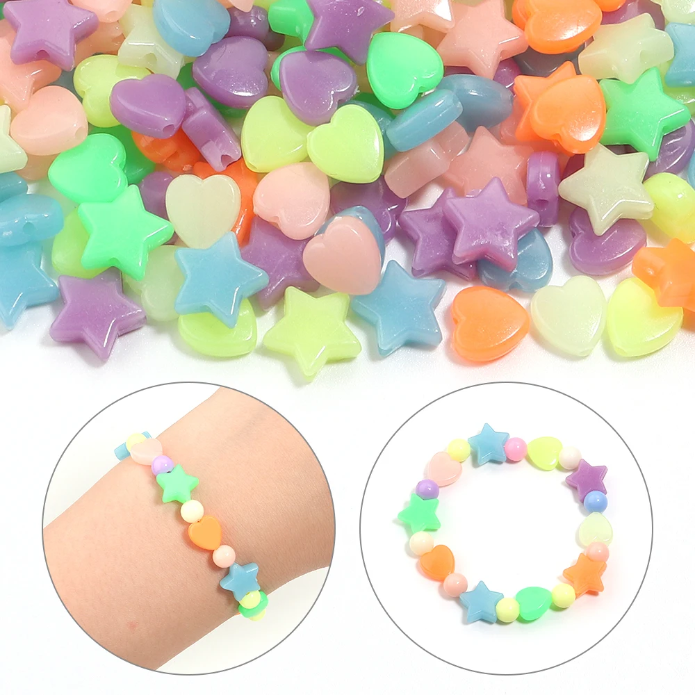 100pcs/Lot Heart/Star Shape Luminous Beads Loose Spacer Acrylic Beads For Jewelry Making DIY Charms Bracelet Necklace Accessorie