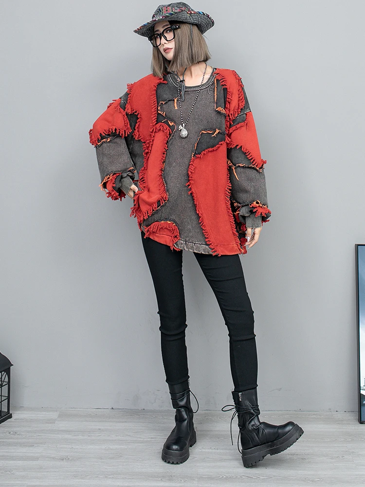 [EAM] Red Tassels Denim Thick Casual Sweatshirt New Round Neck Long Sleeve Women Big Size Fashion Spring Autumn 2023 1DH8104