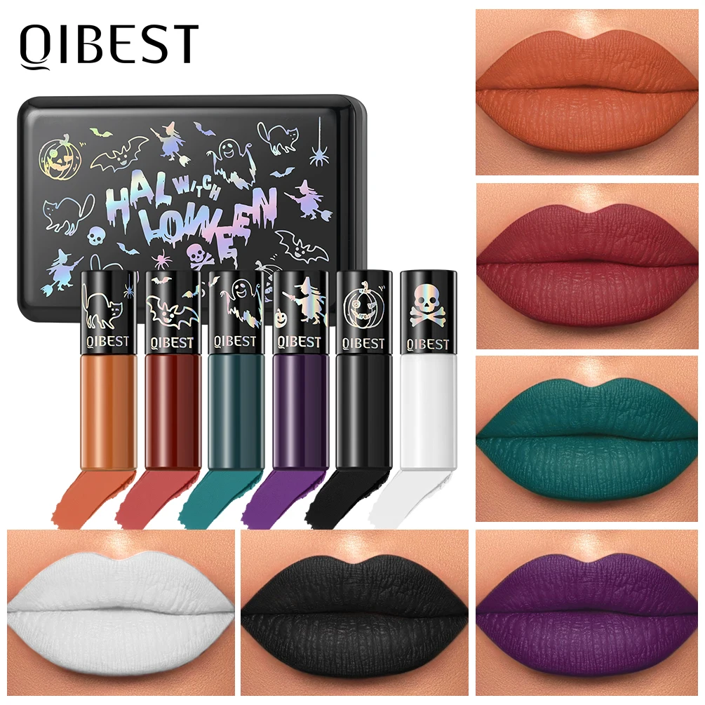 

QIBEST 6 Color Halloween Makeup Sets Matte Liquid Lipstick Black White Purple Green Red Orange Lipgloss Non-Stick Cup Lipstick