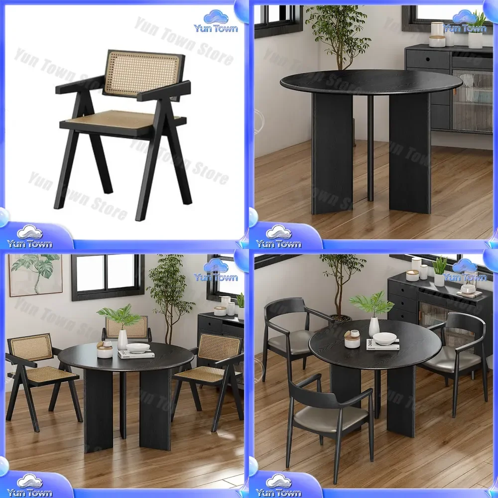 Solid Wood Dining Table for Wabi Sandy Wind White Wax Wood Black Round Table for Small Apartment Homestay Log Style