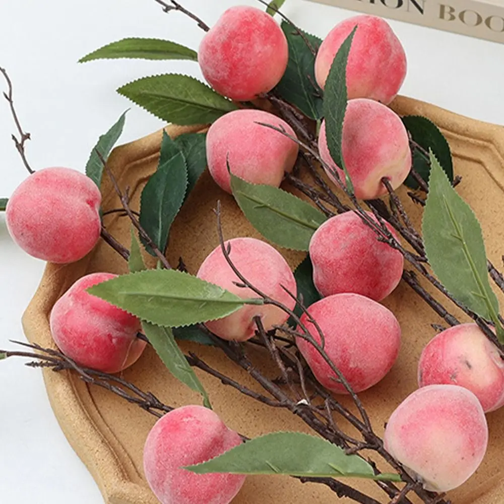 6 Heads Artificial Peach Branch Realistic Plastic Simulation Peach Fruit Handmade Fake Plants Office Desktop Decoration