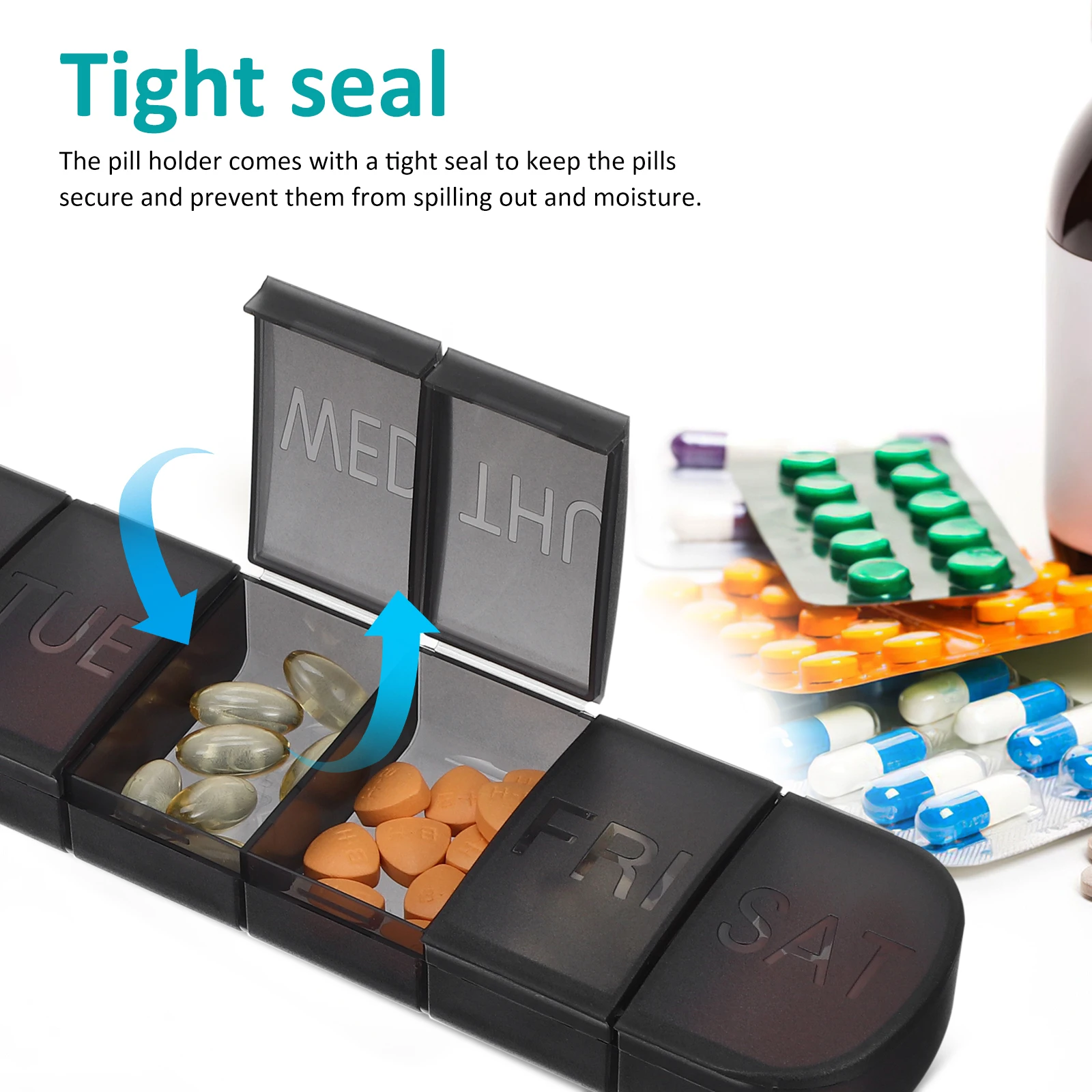 

2 pcs Weekly Pill Organizer 7 Compartments Clear White Black Portable Medicine Case Travel Pill Box Daily Vitamin Storage