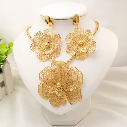New Dubai African Bead Jewelry Set for Women Party Wedding Accessories 24K Gold Color Necklace Earrings Sets Christmas Gift