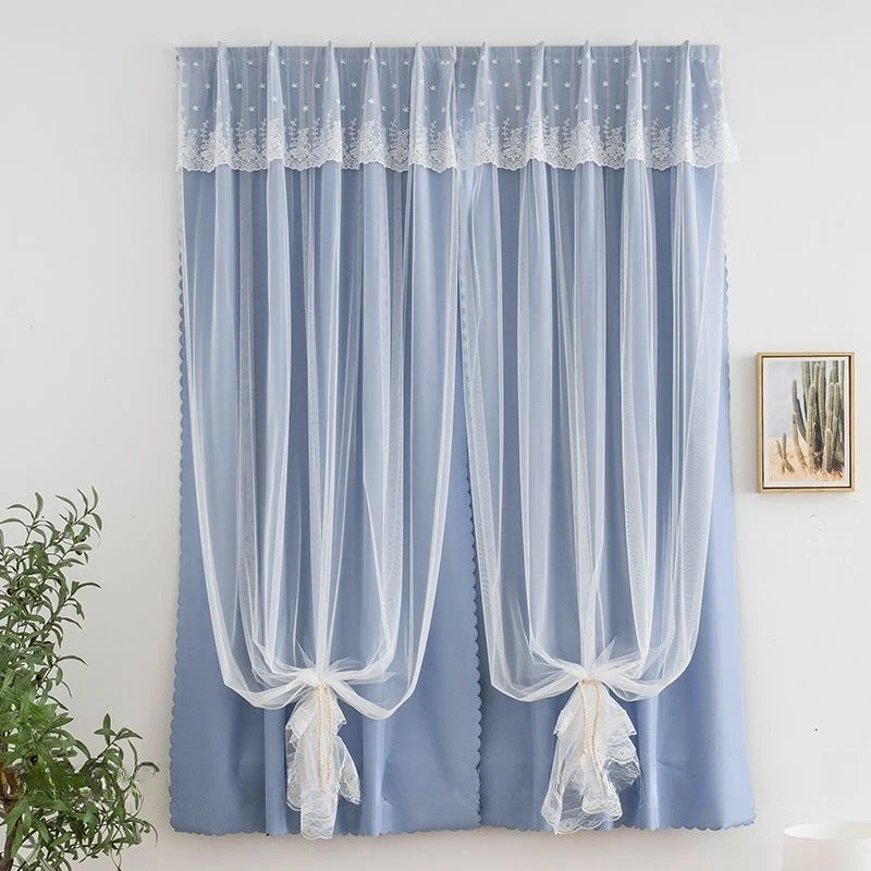 Double Layered Curtains with Embroidered White Sheer Tulle INS Window Hanging Curtains Blackout Drapes for Living Room Bedroom