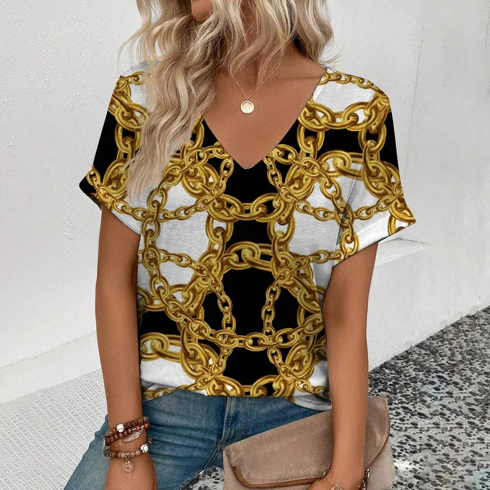 2024 Women\'s V-neck T-shirt Fashion Retro Gold Necklace Pattern  T-shirt  Women\'s Short Sleeved T-shirt Summer Leisure T-shirt