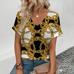 2024 Women's V-neck T-shirt Fashion Retro Gold Necklace Pattern  T-shirt  Women's Short Sleeved T-shirt Summer Leisure T-shirt