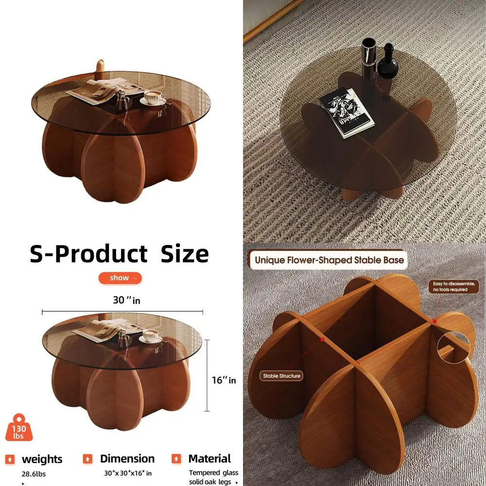 Mid-Century Modern Round Glass Coffee Table - Small Walnut Brown Table for Living Spaces & Offices