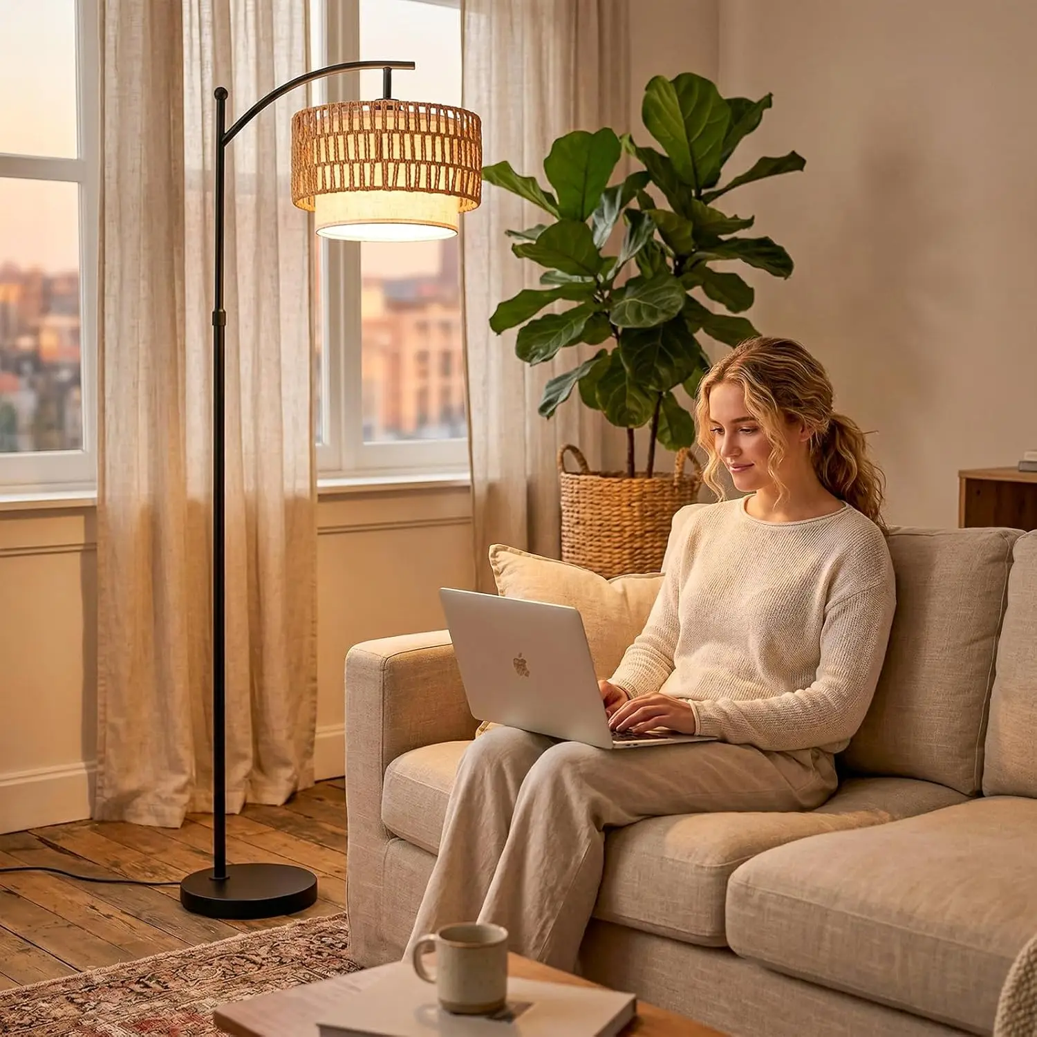57.5‑Inch‑to‑67‑Inch Height‑Adjustable Boho‑Style Rattan Standing Floor Lamp, Dual Rattan‑Fabric Shade, Angle‑Adjustable, 3 Color‑Temperature Modes, 12W LED Bulb Included, For Living‑Room & Bedroom
