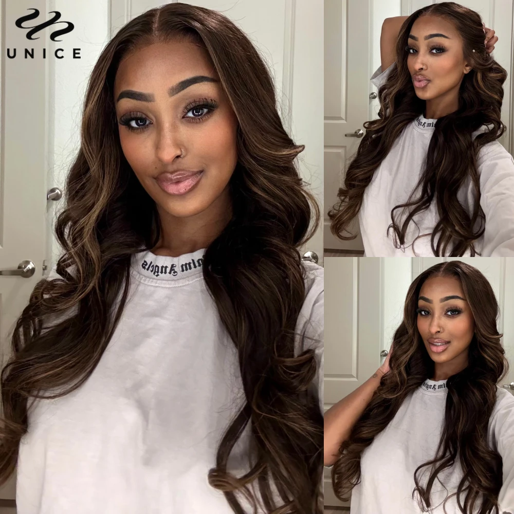 UNICE Hair Espresso Brown Highlights Loose Wave Wig Pre Everything 13x4 Human Hair Lace Frontal Wigs Peel & Stick 150% Density