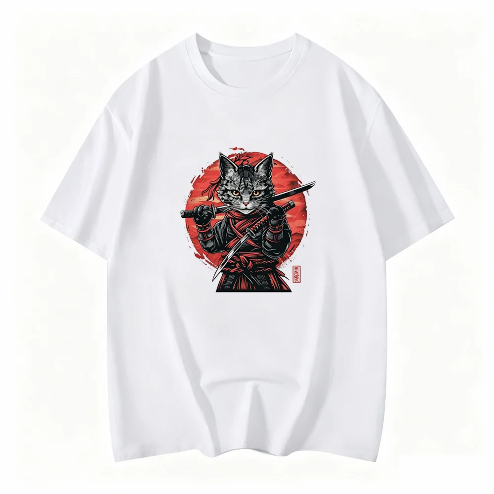 Japanese Samurai Cat Tattoo Kawaii Ninja Cat Printed Summer Woman T-shirt Street Cool Casual Wear Women's Clothing Top