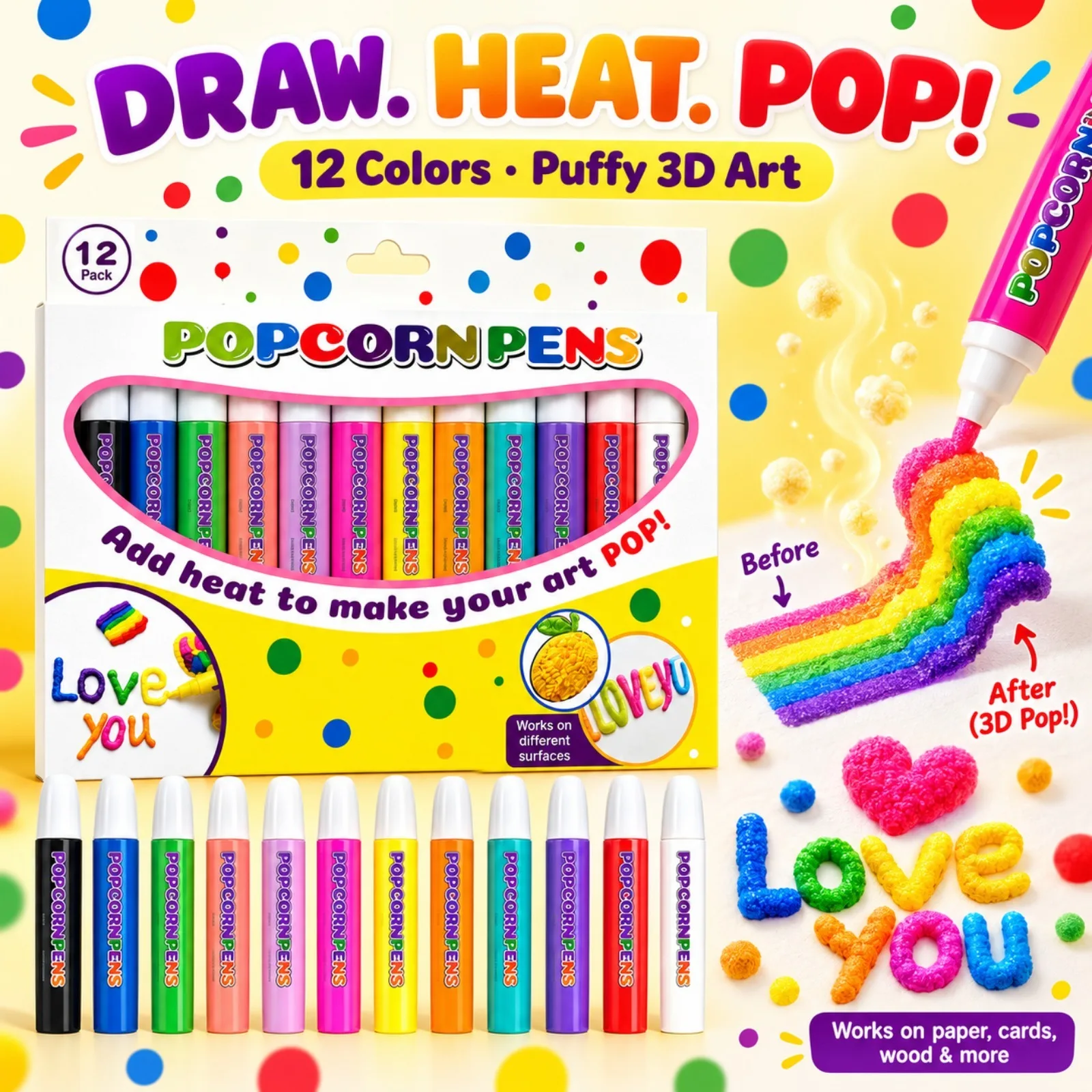 12Colors Popcorn Pens 3D Art Marker Set Heat Activated Foam Pen DIY Craft Drawing Tool For Cards Scrapbook Decor Multicolor